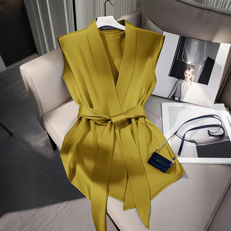 Women Shiny Satin Blouses Elegant Wrapped V-Neck Sleeveless Tops 2025 Summer Office Commuting Belted Party Blusas Mujer