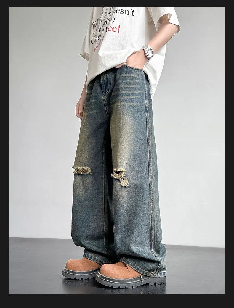 Men's American Style Loose Straight Leg Jeans Vintage Spring Summer New Arrival Drapey Trendy Wide Leg Long Pants