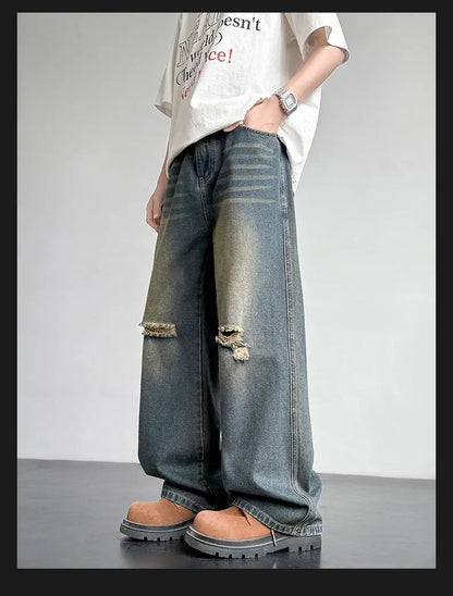 Men's American Style Loose Straight Leg Jeans Vintage Spring Summer New Arrival Drapey Trendy Wide Leg Long Pants