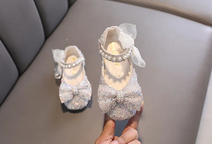 Toddler Girl's Princess Shoes Sequins Lace Bowknot 21-36 Children Mary Janes Three Colors Luxury Trendy Party Kids Shoes Flats