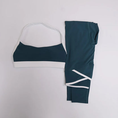 Women Summer Contrasting Sports Bra Shorts Set Female Two-Piece Set Running Shock-Absorbing Neck Hanging Underwear Yoga Set
