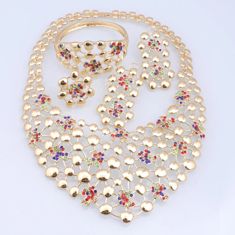 Elegant Jewelry Sets Dubai Silver Plated Jewelry Women Necklace Bracelet Earrings Ring Bride Wedding Party Accessories