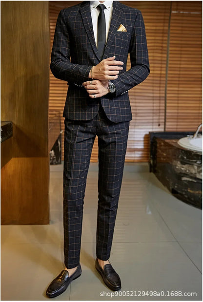 Men's Slim Fit Plaid Wedding Suit Jacket Korean Style Business Casual Single-breasted Suit with Set Wedding Groomsmen Wear