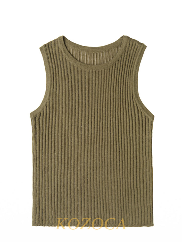 100% Wool Chic Solid Tanks Elegant Striped See Through Hollow Out Women Tops Sleeveless Elastic Tops Club Party Clothes