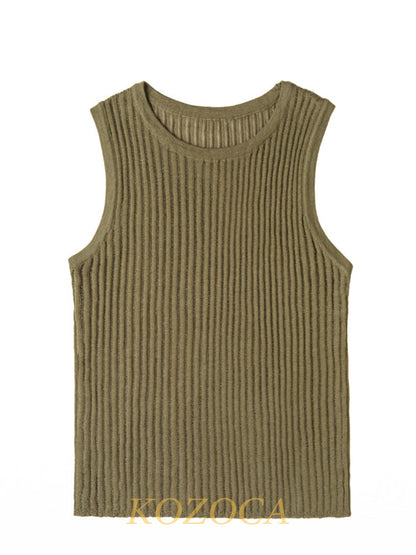 100% Wool Chic Solid Tanks Elegant Striped See Through Hollow Out Women Tops Sleeveless Elastic Tops Club Party Clothes