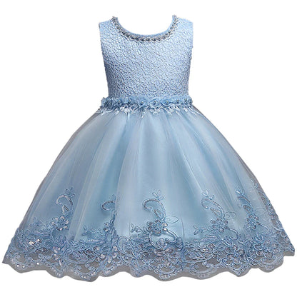 Girl Princess Dress of Korean style sleeveless beaded children's dress dress princess dress lace dress performance