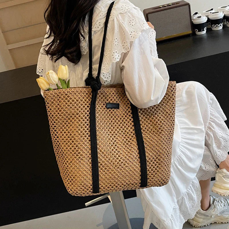 Bolsa Sacola de Palha Tecida de Verão Bolsa de Ombro Feminina Casual de Praia para Férias Bolsas Femininas de Grande Capacidade Cor Sólida