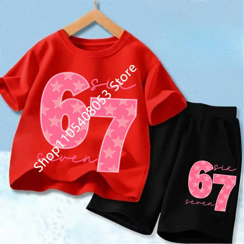 New 67 Number Six Seven Print Kids Cool Summer T-shirt 3-12Yrs Clothes Cartoon Short-sleeved+Shorts Boys Girls Sports Casual Set