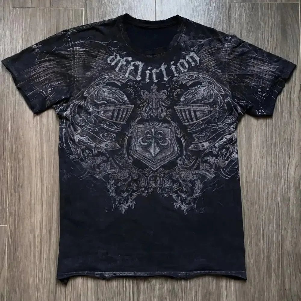 Camiseta masculina europeia e americana com estampa de caveira, confortável e respirável, gola redonda, moda de rua, top para ambientes externos