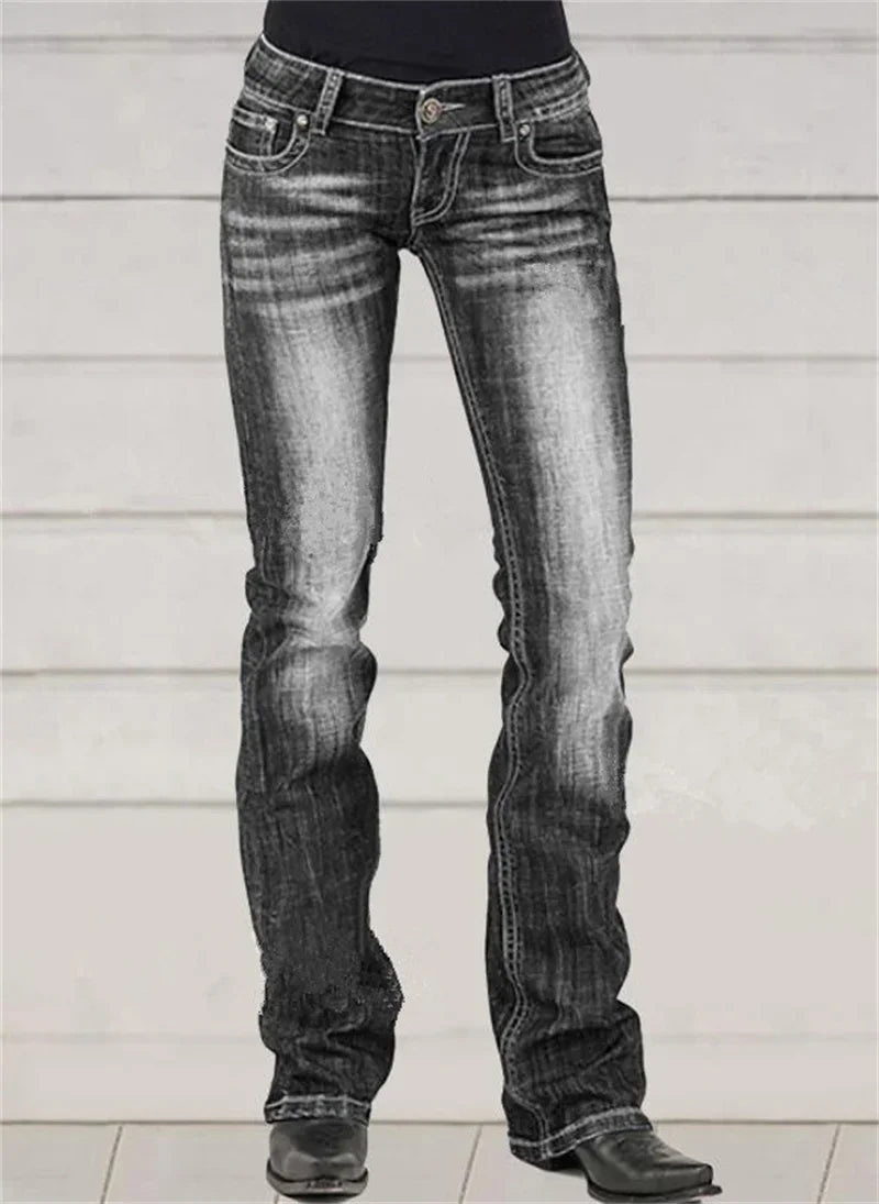 Low-waisted Women Flared Jeans Fashion Vintage Whitish Blue Washable Denim Pants