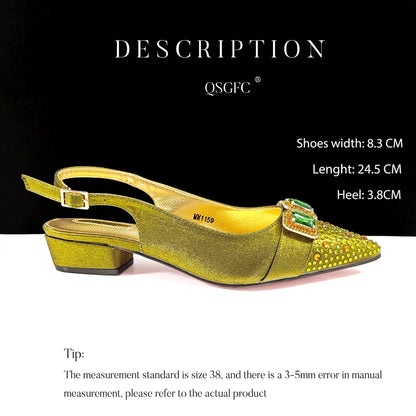 Italian Olive Pumps and Bag for Party 2024 INS Style Pointed-Toe Rhinestone Elegant Low Heels Wedge for Wome