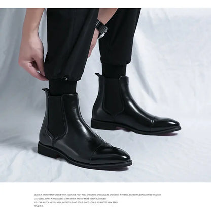 Autumn winter pointed toed male Boots Redsoled high top leather shoe English casual Chelsea boot Fashion comfortable men's shoes