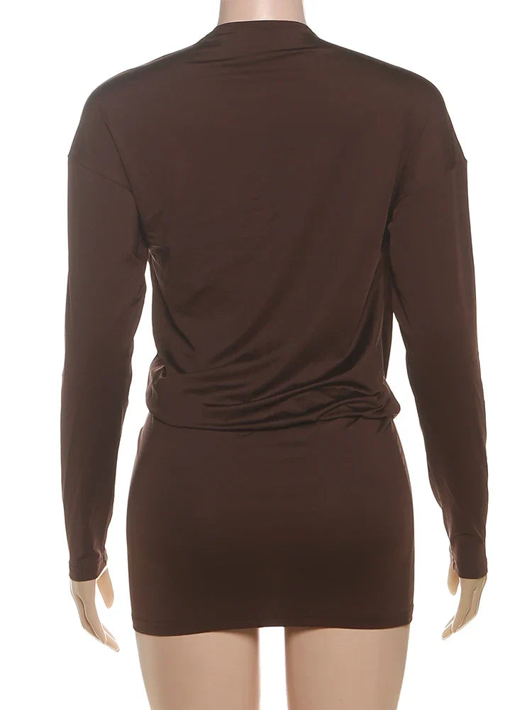 Cross Deep V-Neck Dress Women Full Sleeve Stretch Solid Midnight Street Clubwear Party Autumn Trend Elegant Mini Bodycon
