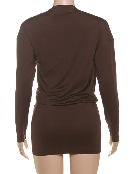 Cross Deep V-Neck Dress Women Full Sleeve Stretch Solid Midnight Street Clubwear Party Autumn Trend Elegant Mini Bodycon