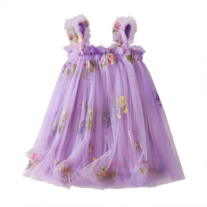 Outdoor Summer Cute Princess Dress Toddler Baby Girls Embroidery Flower Suspender Mesh Dresses Birthday Party Princess Dresses