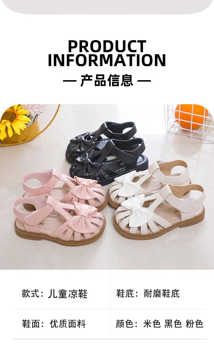 Cute Girls Sandals Bow Peep-toe 2023 New Soft Hook & Loop Beige Kids Princess Shoes Casual Shoes PU Cute Children Shoes Non-slip