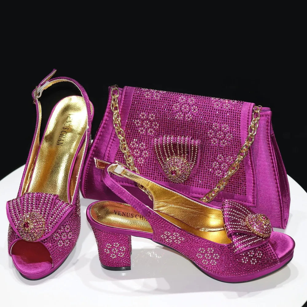 Italian Shoes And Bag Sets For Evening Party With Stones Italian Satin cloth  Rhinestone bow Handbags Match Bags