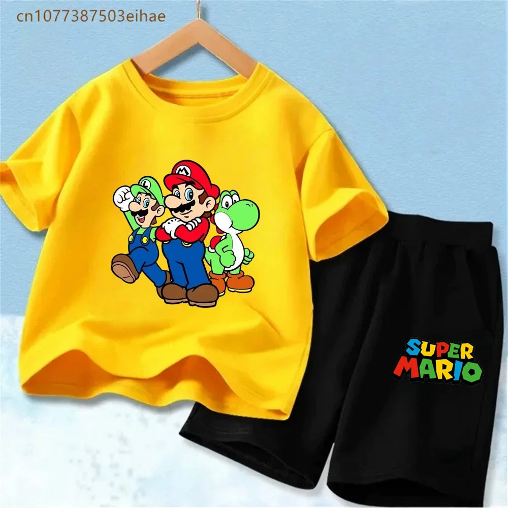 Cute Mario Pattern Children 2 Piece Suits Pure Cotton Short Sleeve Tee Tops + Fashion Shorts Summer Casual Daily Wear
