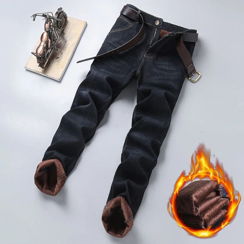 Men New Fashion Winter Warm Jeans Male Fleece Lined Thickened Denim Pants Loose Straight Comfortable Casual Black Blue Trousers