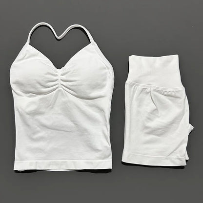 No Logo 2 Pies Sports Set Women Backless Tank Yoga Tops High Waist Scrunch Seamless Shorts Sport Gym Set Sportswear Workout Set