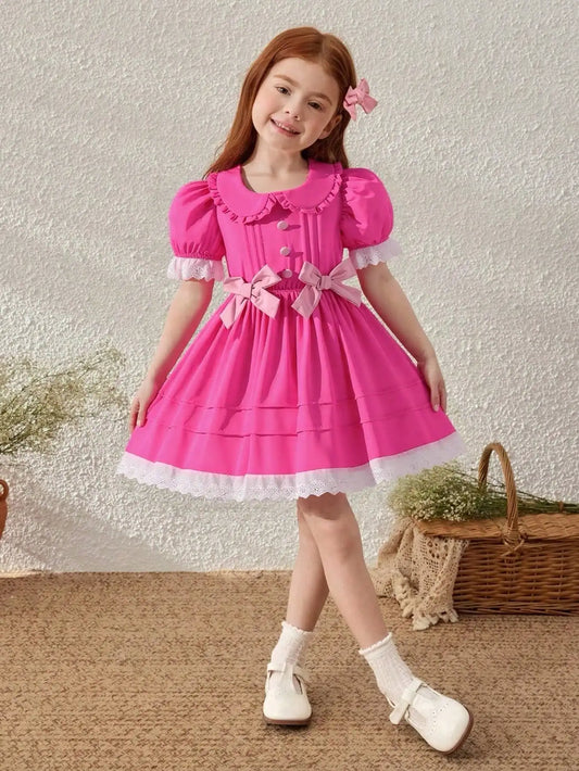 Little Girl's Romantic and Elegant Ladylike Rose-Red Princess-Style Dress, Decorated with Bows, Stylish Puff Sleeves, Suitable for Birthday Parties, Holiday Events, and Photography. Suitable for Little Girls Aged 4-7,