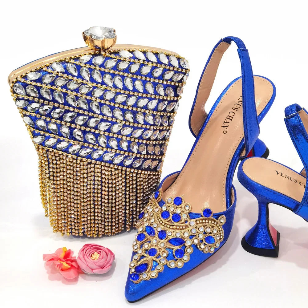 Gold New Shoes For Women Designer Pointed-Toe Luxury Wedding Peach Color Hollowed Out Design Bag and Shoes Matching Set