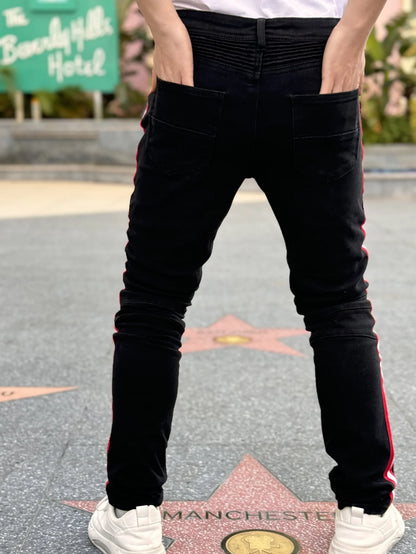 Y2K Men's Denim Hole-out Pants Patchwork Collection - Fashionable Trendy Street Hip-Hop Style Regular Fit Black Cotton Blend