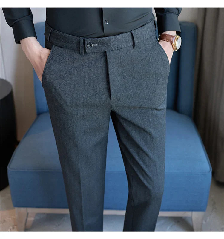 Men's Wool Blend Dress Pants, Elastic Waist Business Trousers, Tapered Slim Fit, Charcoal Gray Black Navy