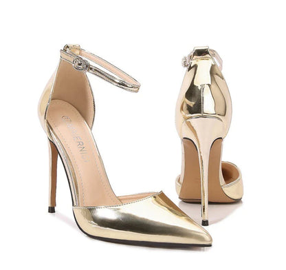 Professional Suit French High Heels One-Liner Strap Pointed Toe Thin Heel Shallow Mouth Hollow Super High Heels Versatile