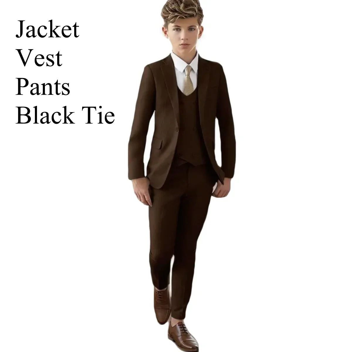 Vintage Brown Formal Suit Set for Kids, 3-14 Years Boy's Tuxedo Set, Blazer, Vest, Pants, Bow-tie, Graduation Party Dresswear