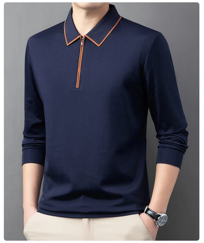Light luxury brand long sleeved men's polo shirt autumn fashion flip collar half zipper design boutique top silk casual T-shirt