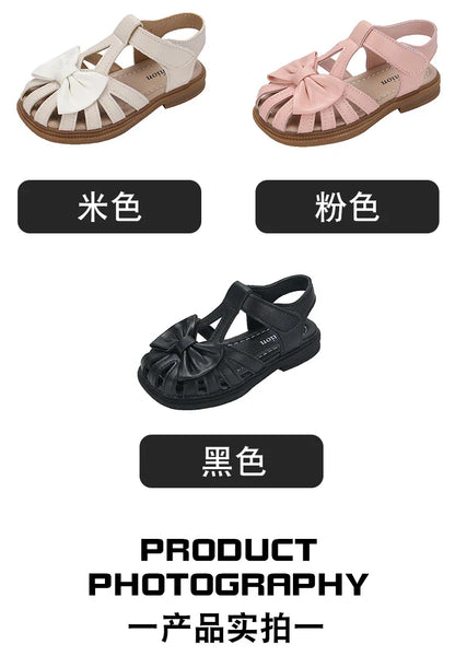 Cute Girls Sandals Bow Peep-toe 2023 New Soft Hook & Loop Beige Kids Princess Shoes Casual Shoes PU Cute Children Shoes Non-slip
