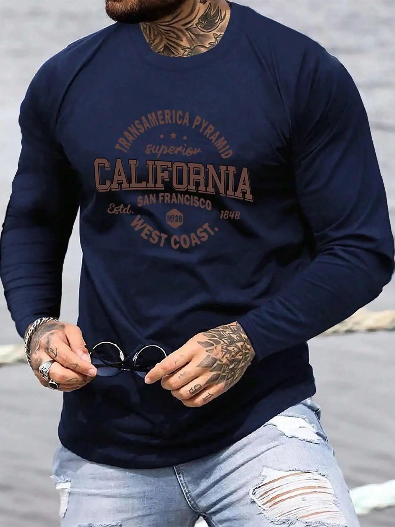 Men's 100% pure cotton loose and comfortable sports and leisure California letter printed round neck long sleeved T-shirt top