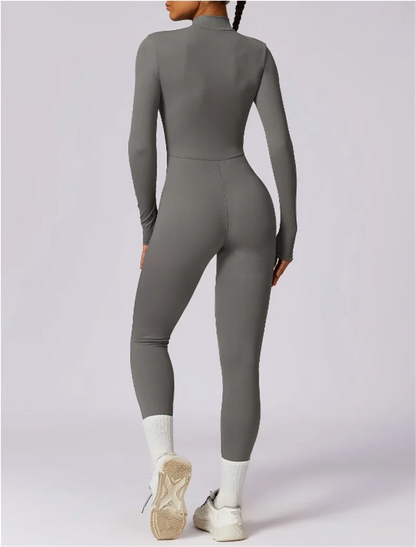 Half zip integrated long yoga jumpsuit solid color sexy long sleeved integrated sportswear for women