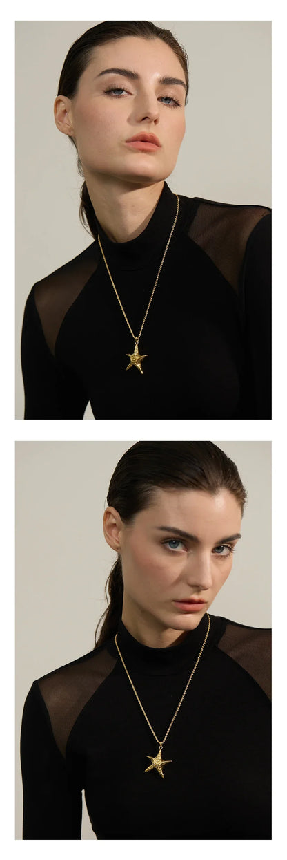 316L Stainless Steel Starfish Pendant Necklace Rust Proof Statement 18K Gold PVD Plated Individualistic Holiday Jewelry