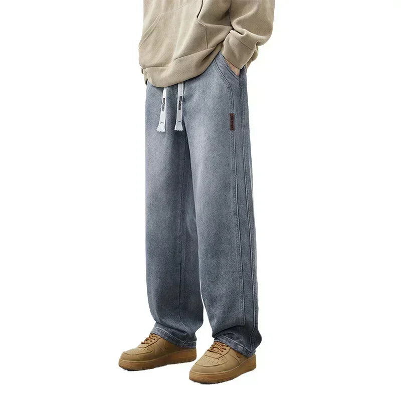 Men's Retro Jeans Elastic Waist Fashion Loose Straight Casual Wide Pants Cotton Casual Korean Baggy Wide Leg Denim Trousers