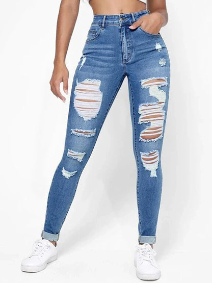 Calça Jeans Rasgada Cintura Média Botão Único com Bolsos Laterais