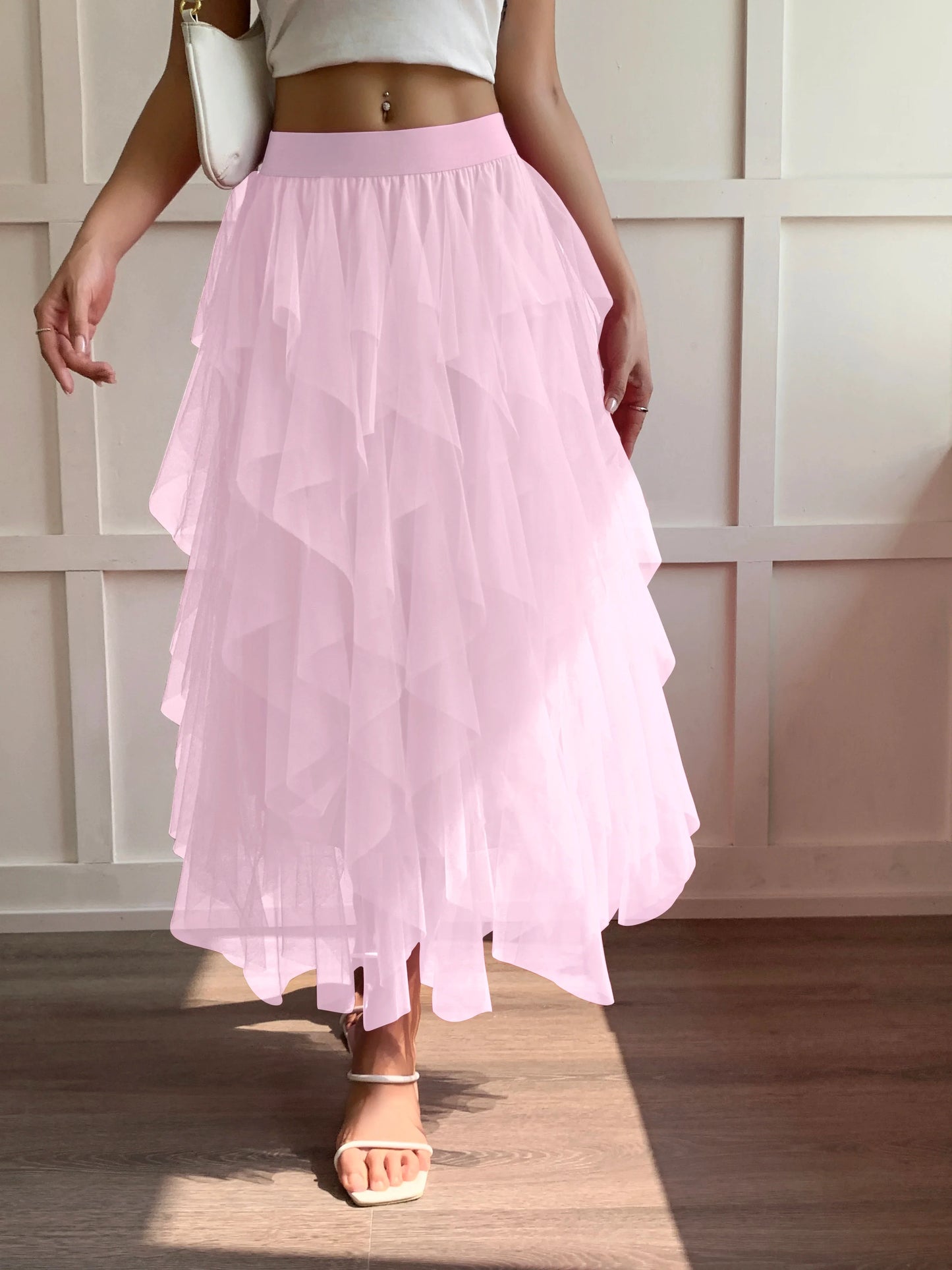 Medium waist chiffon long skirt for women, irregular layered pleated edge layered cake skirt, elegant fairy A-line skirt