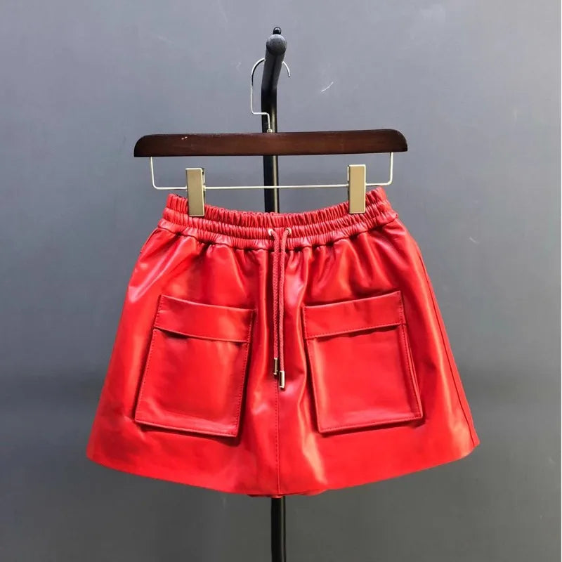 New Autumn Natural Sheepskin Elastic Waist Shorts Skirts A-Line Pocket Wide Leg Casual Above Knee Mini Genuine Leather Skirt 4XL