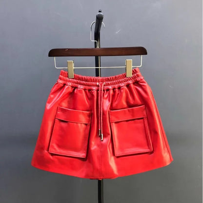 New Autumn Natural Sheepskin Elastic Waist Shorts Skirts A-Line Pocket Wide Leg Casual Above Knee Mini Genuine Leather Skirt 4XL