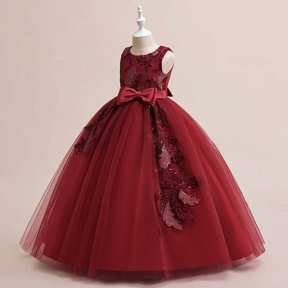 Elegant Party Bridesmaids Girls Dresses Summer Bow Flower Wedding Princess Prom Dress for Girl Tulle Evening Christmas Costumes