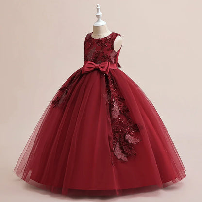 Elegant Party Bridesmaids Girls Dresses Summer Bow Flower Wedding Princess Prom Dress for Girl Tulle Evening Christmas Costumes