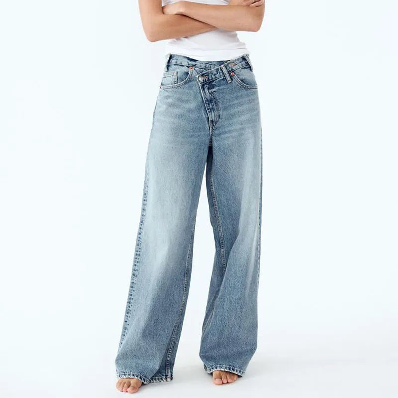 Korean Version Wide Leg Pants With Diagonal Buckle Asymmetrical Street Retro Women'S High Waisted Jeans Loose Casual Pants