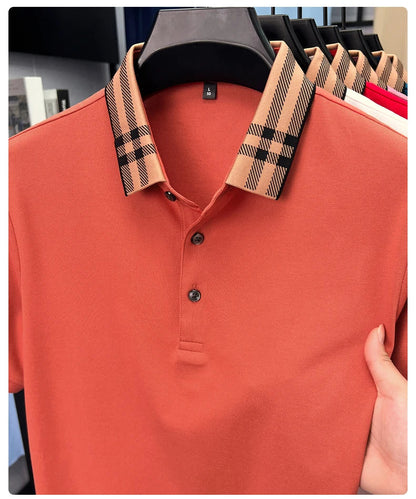 Fashion brand plaid lapel short sleeve polo shirt men summer new style simple solid color high-end business casual golf T-shirt
