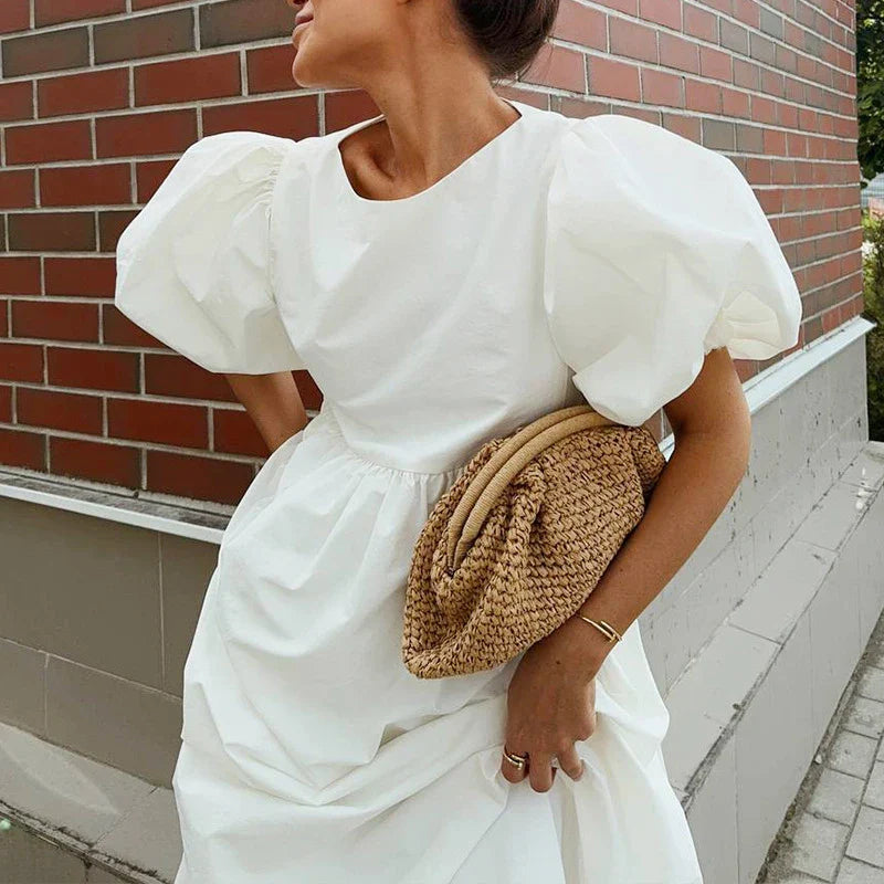 2026 Women Summer Puff Sleeve Bohemain White Long Dress High Waist Loose Style Cotton Boho Maxi Dress Vestidos Clothes