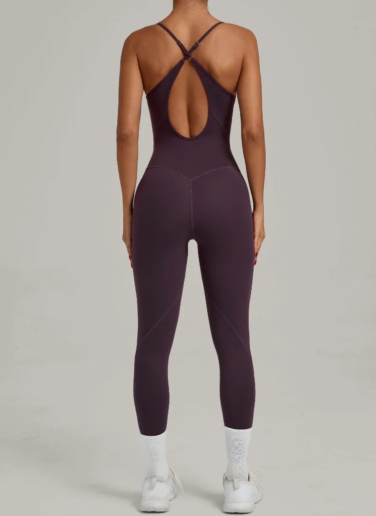 Women Sports Fitness Jumpsuit Cross Open Back Adjustable Shoulder Strap Hip Lift Tight Slim Fit Yoga Set Gym Running Sports Kit