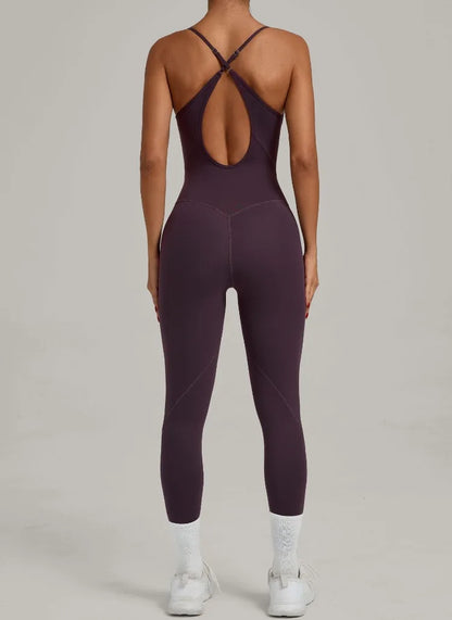 Women Sports Fitness Jumpsuit Cross Open Back Adjustable Shoulder Strap Hip Lift Tight Slim Fit Yoga Set Gym Running Sports Kit