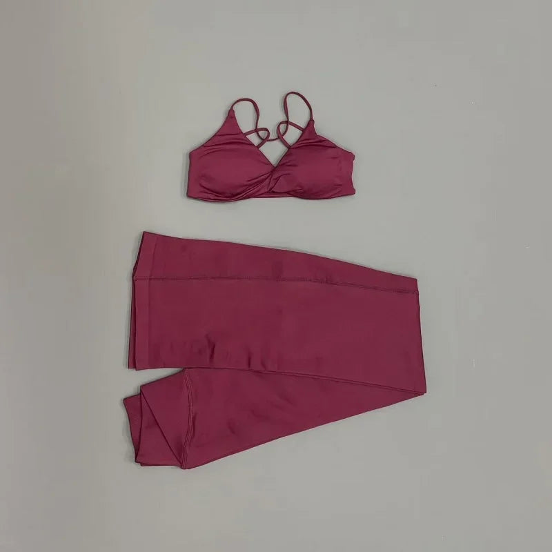 2Pcs Sports Set Women Seamless Front Tie Crossover Bra Crossover Waist Flare Leggings Sets Gym Fitness Workout Sports Sets
