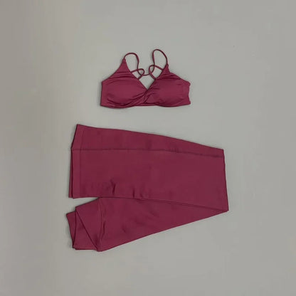 2Pcs Sports Set Women Seamless Front Tie Crossover Bra Crossover Waist Flare Leggings Sets Gym Fitness Workout Sports Sets
