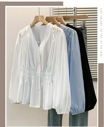 2026 V-neck Long Sleeved Plus Size Shirt Loose Pleated Ruffle Oversized Tops Ladies Chic Elegant Solid Versatile Blouse